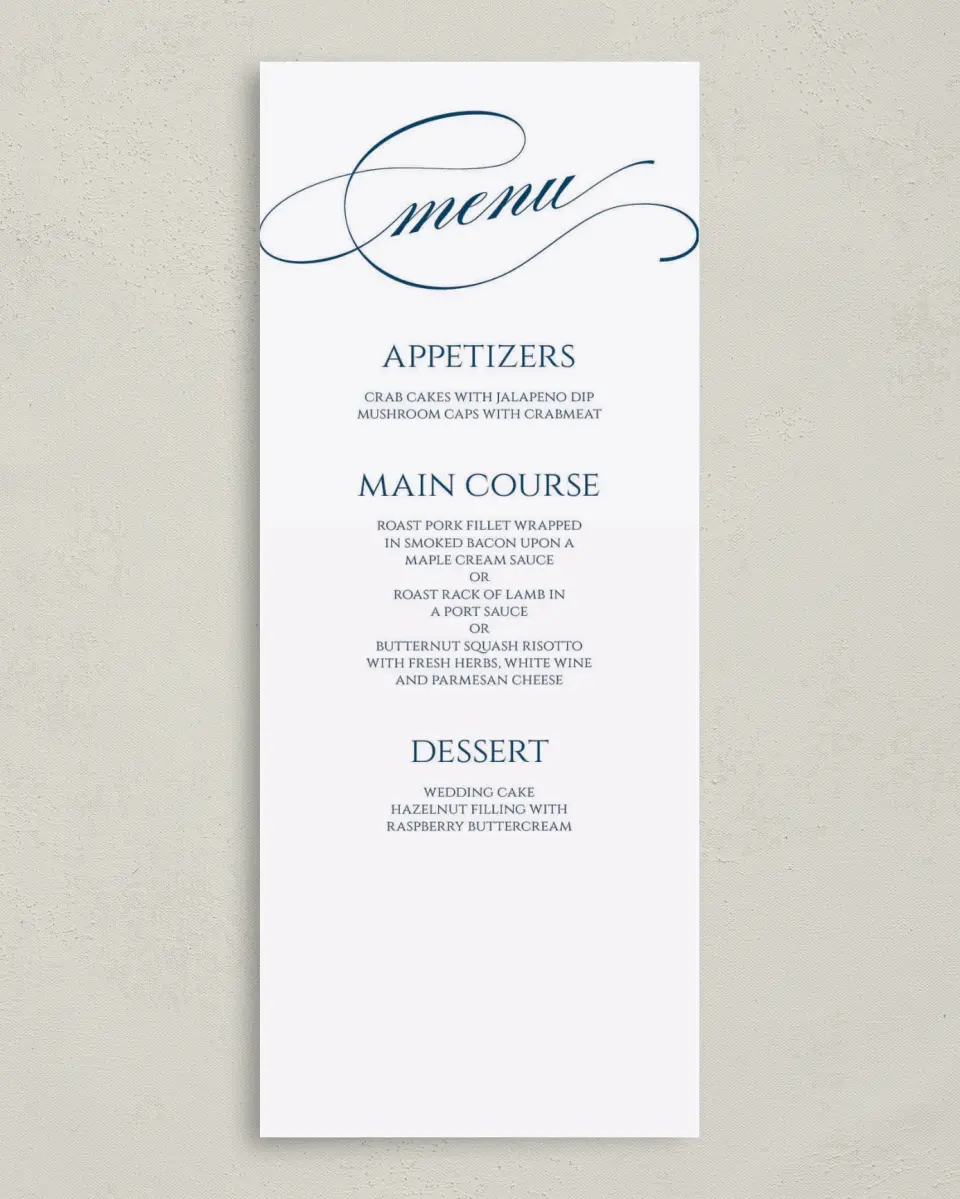 This is a 3⅝" x 8⅞" Wedding Menu Card called Glam District printed in full color on Premium Smooth paper