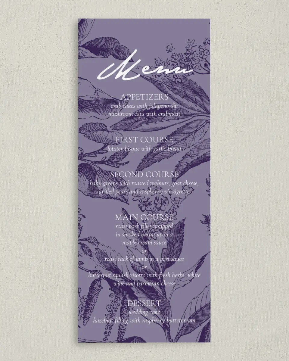 This is a 3⅝" x 8⅞" Wedding Menu Card called Delicate Impression printed in full color on Premium Smooth paper