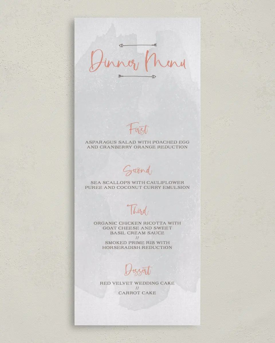 This is a 3⅝" x 8⅞" Wedding Menu Card called Delightful Wreath printed in full color on Premium Smooth paper