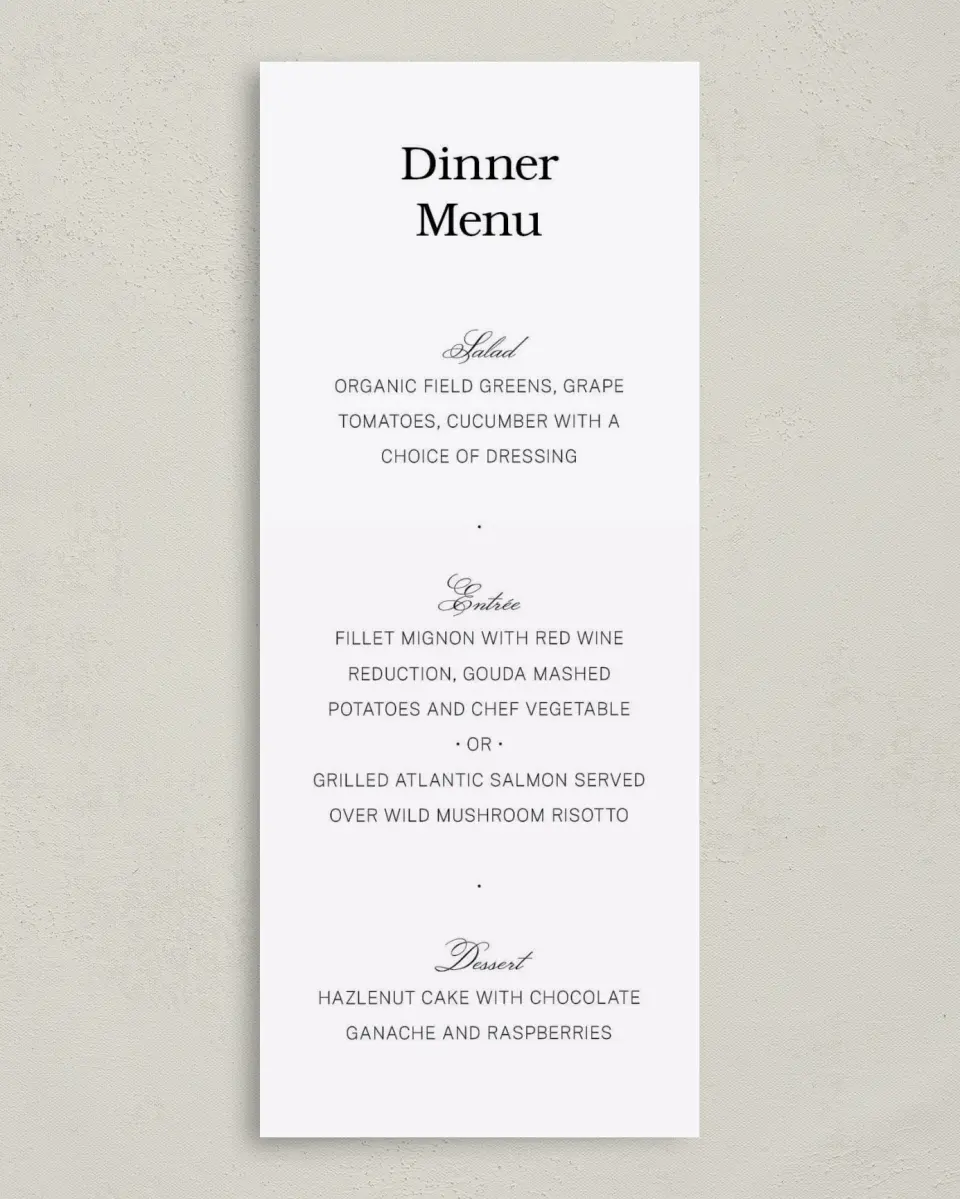 This is a 3⅝" x 8⅞" Wedding Menu Card called Simply Pristine printed in full color on Premium Smooth paper