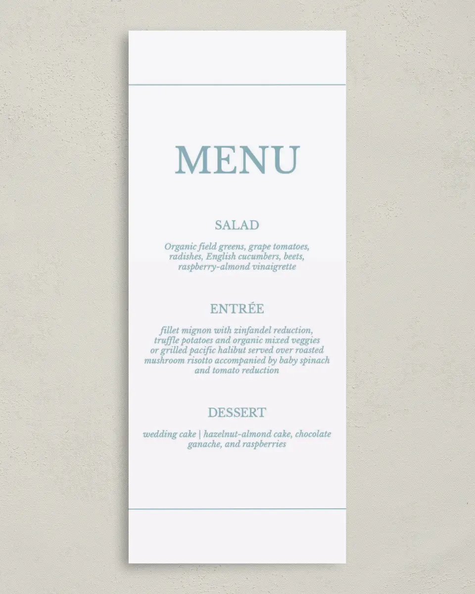 This is a 3⅝" x 8⅞" Wedding Menu Card called Blissful Marble printed in full color on Premium Smooth paper
