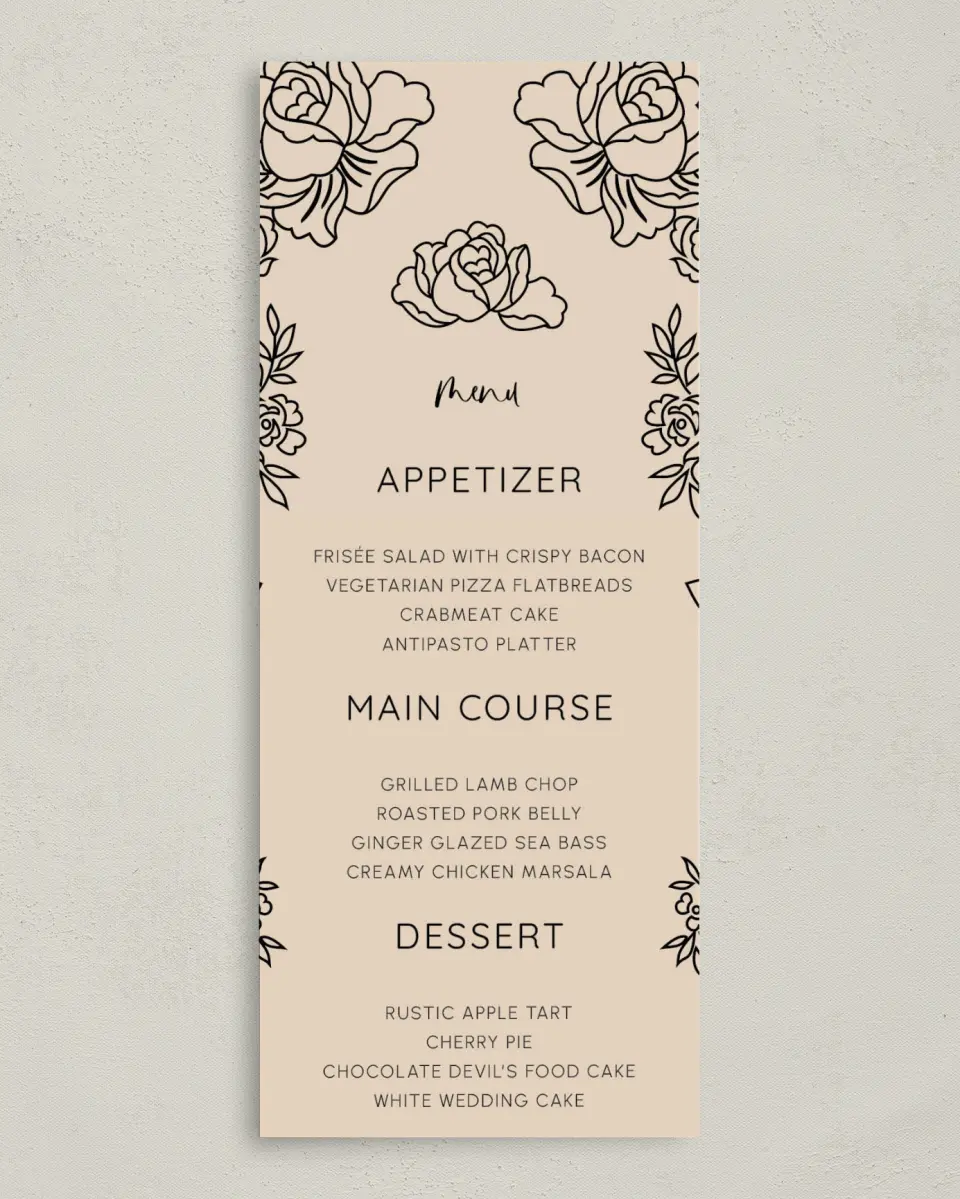 This is a 3⅝" x 8⅞" Wedding Menu Card called Simple Gardens printed in full color on Premium Smooth paper