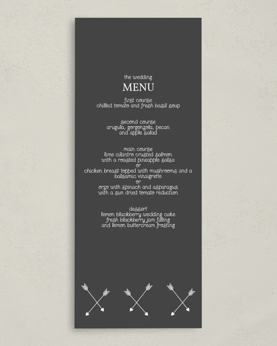 This is a 3⅝" x 8⅞" Wedding Menu Card called Cross My Heart printed in full color on Premium Smooth paper