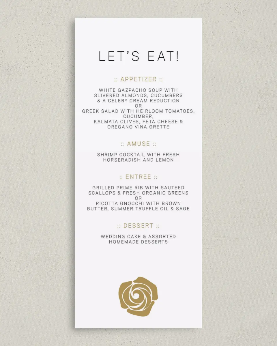 This is a 3⅝" x 8⅞" Wedding Menu Card called Ravishing Rose printed in full color on Premium Smooth paper
