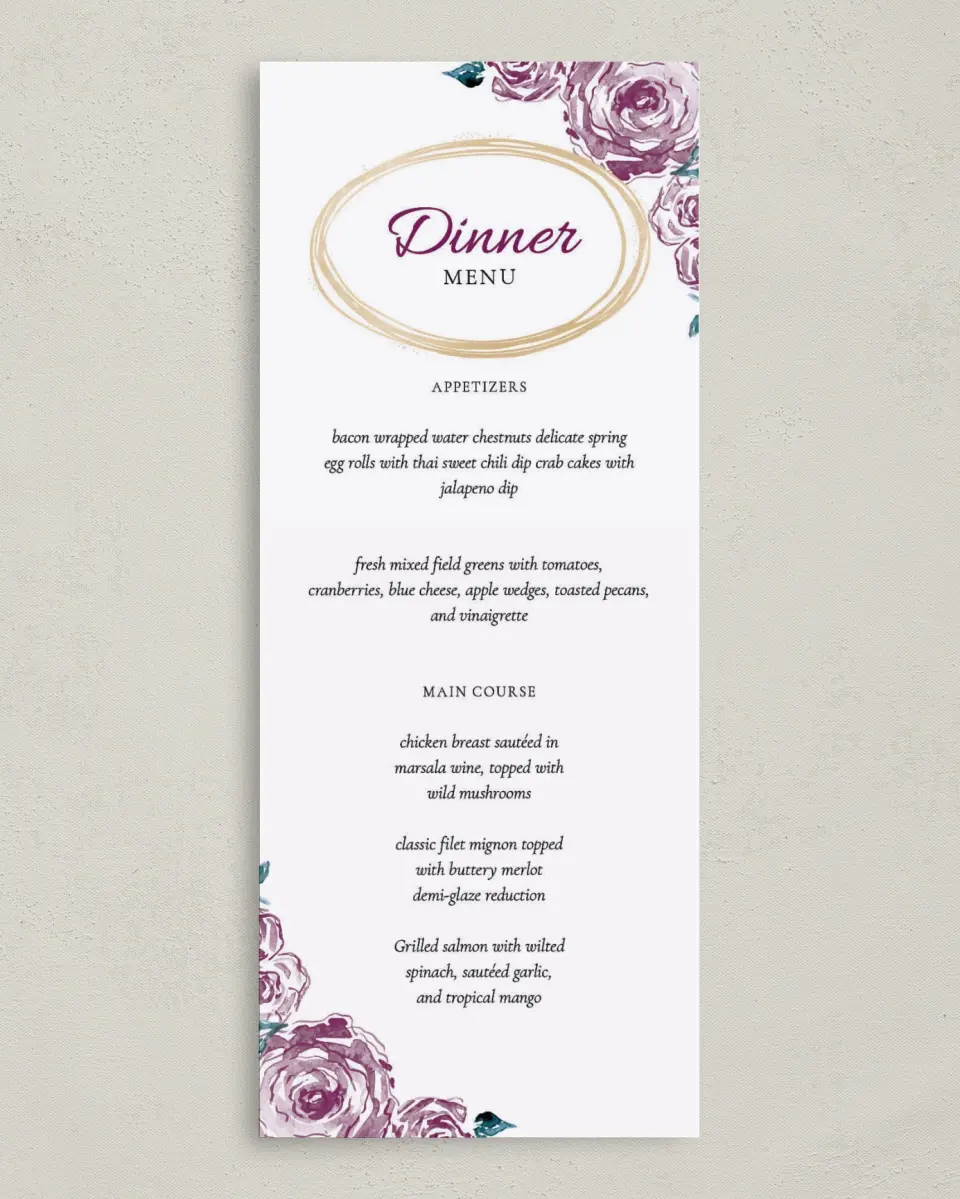 This is a 3⅝" x 8⅞" Wedding Menu Card called Enchanted Bliss printed in full color on Premium Smooth paper