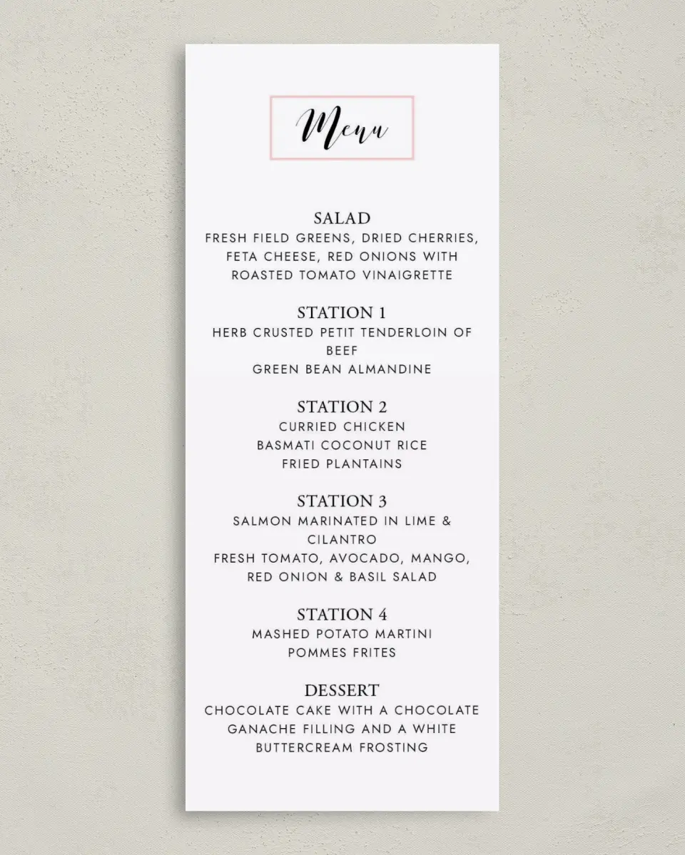This is a 3⅝" x 8⅞" Wedding Menu Card called Love's Whisper printed in full color on Premium Smooth paper