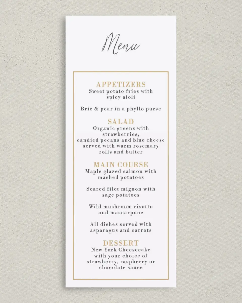 This is a 3⅝" x 8⅞" Wedding Menu Card called Etched Elegance printed in full color on Premium Smooth paper
