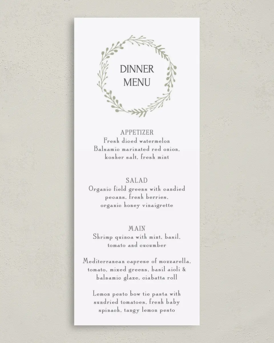 This is a 3⅝" x 8⅞" Wedding Menu Card called Enchanting Crown printed in full color on Premium Smooth paper