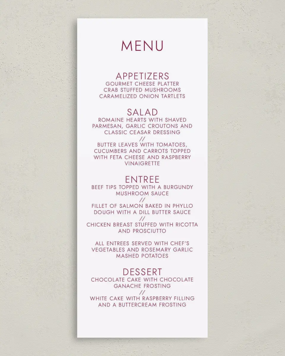This is a 3⅝" x 8⅞" Wedding Menu Card called Country Florals printed in full color on Premium Smooth paper