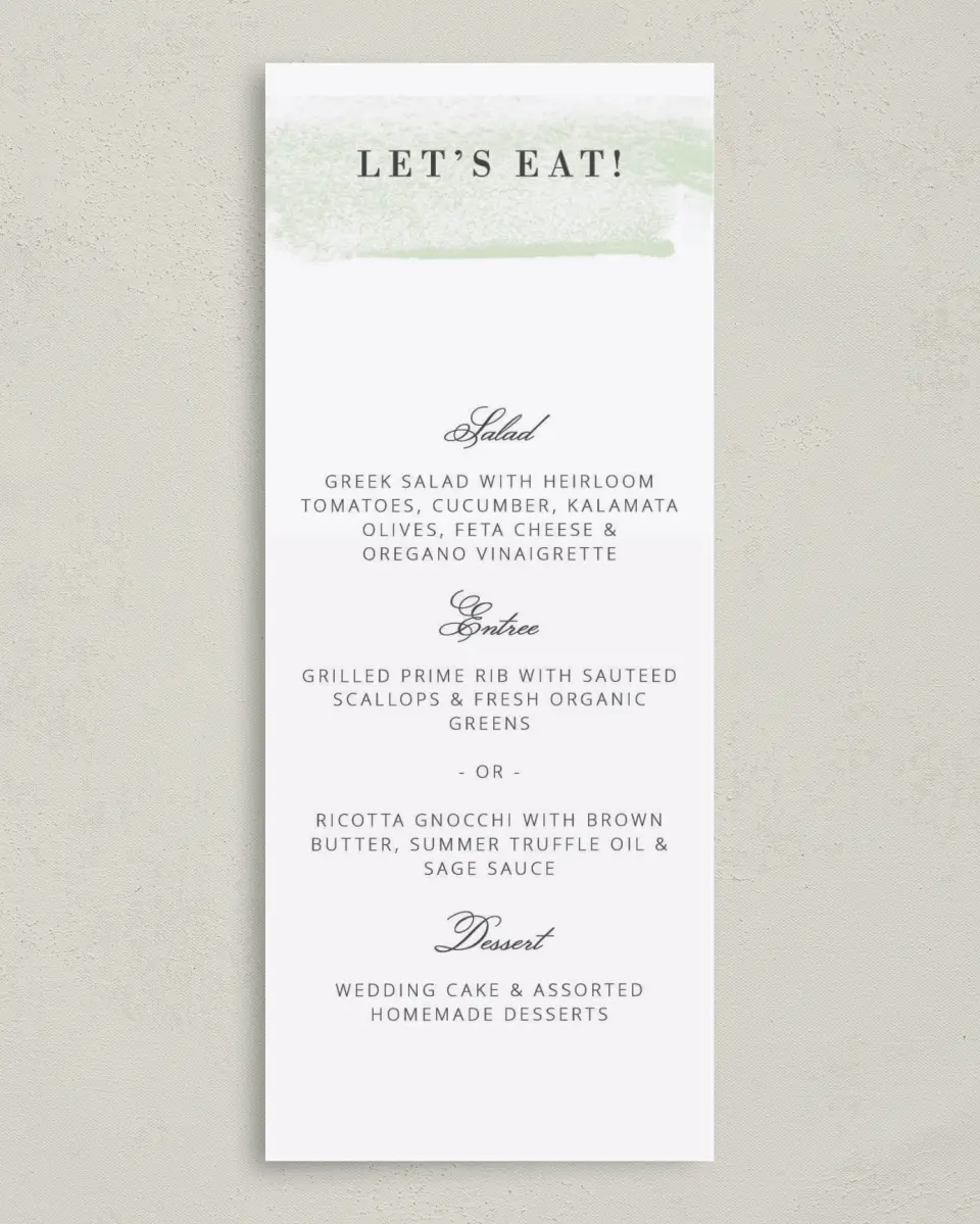This is a 3⅝" x 8⅞" Wedding Menu Card called Tranquil Twinkle printed in full color on Premium Smooth paper