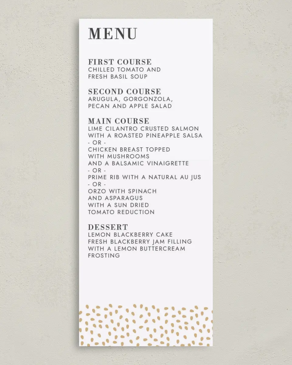 This is a 3⅝" x 8⅞" Wedding Menu Card called Gilded Laurels printed in full color on Premium Smooth paper