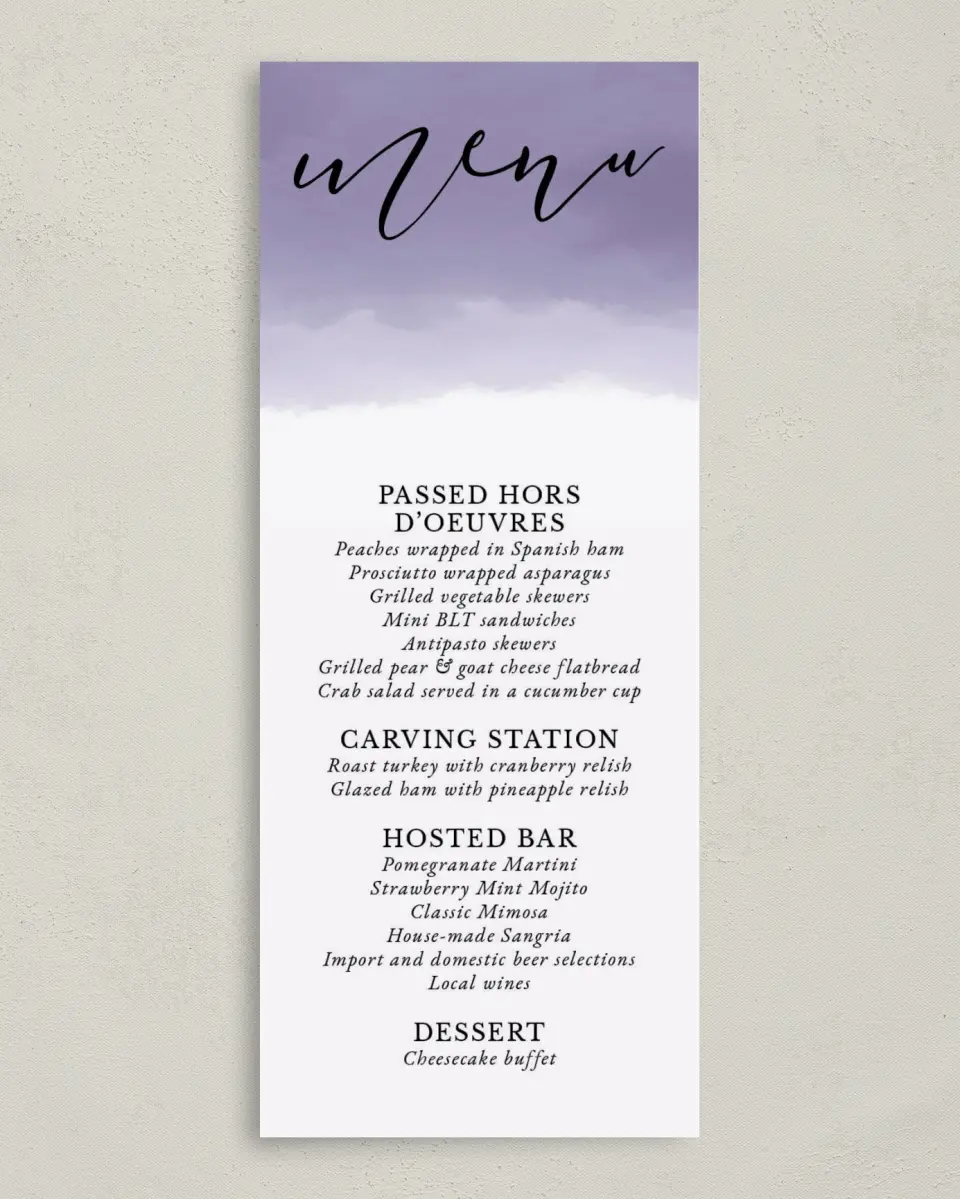 This is a 3⅝" x 8⅞" Wedding Menu Card called Luminous Ombre printed in full color on Premium Smooth paper