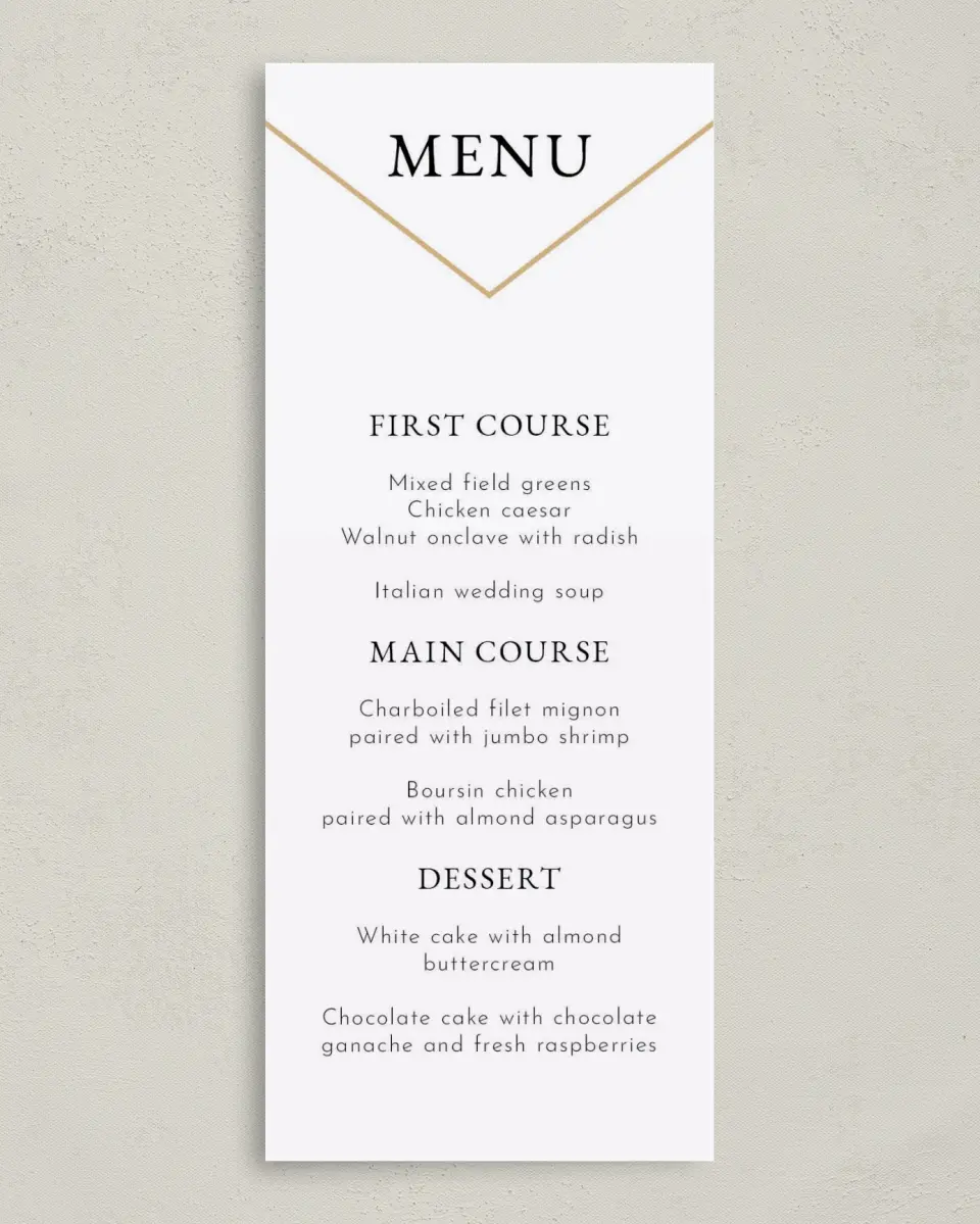 This is a 3⅝" x 8⅞" Wedding Menu Card called Elegant Marble printed in full color on Premium Smooth paper