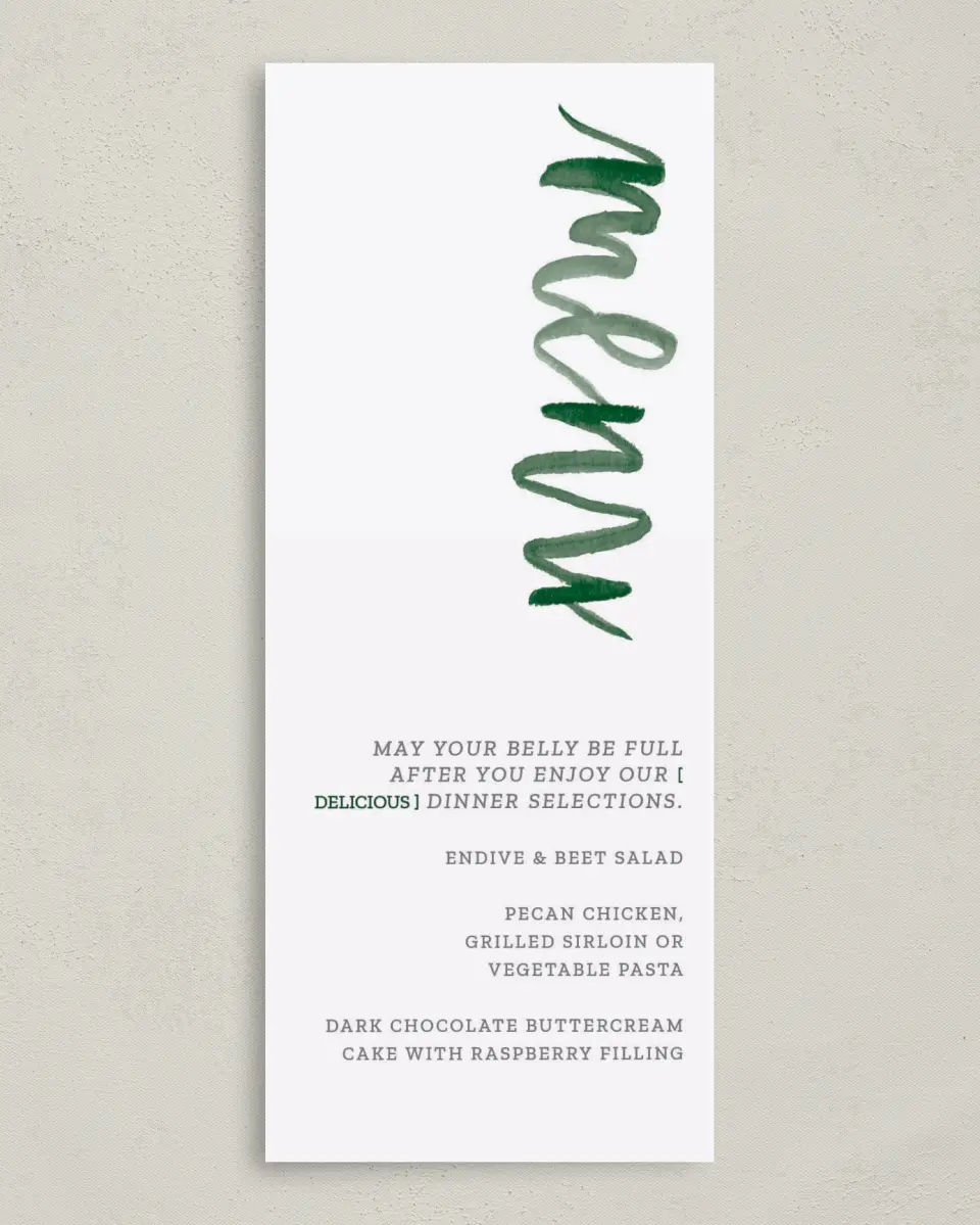 This is a 3⅝" x 8⅞" Wedding Menu Card called Watercolor Monogram printed in full color on Premium Smooth paper