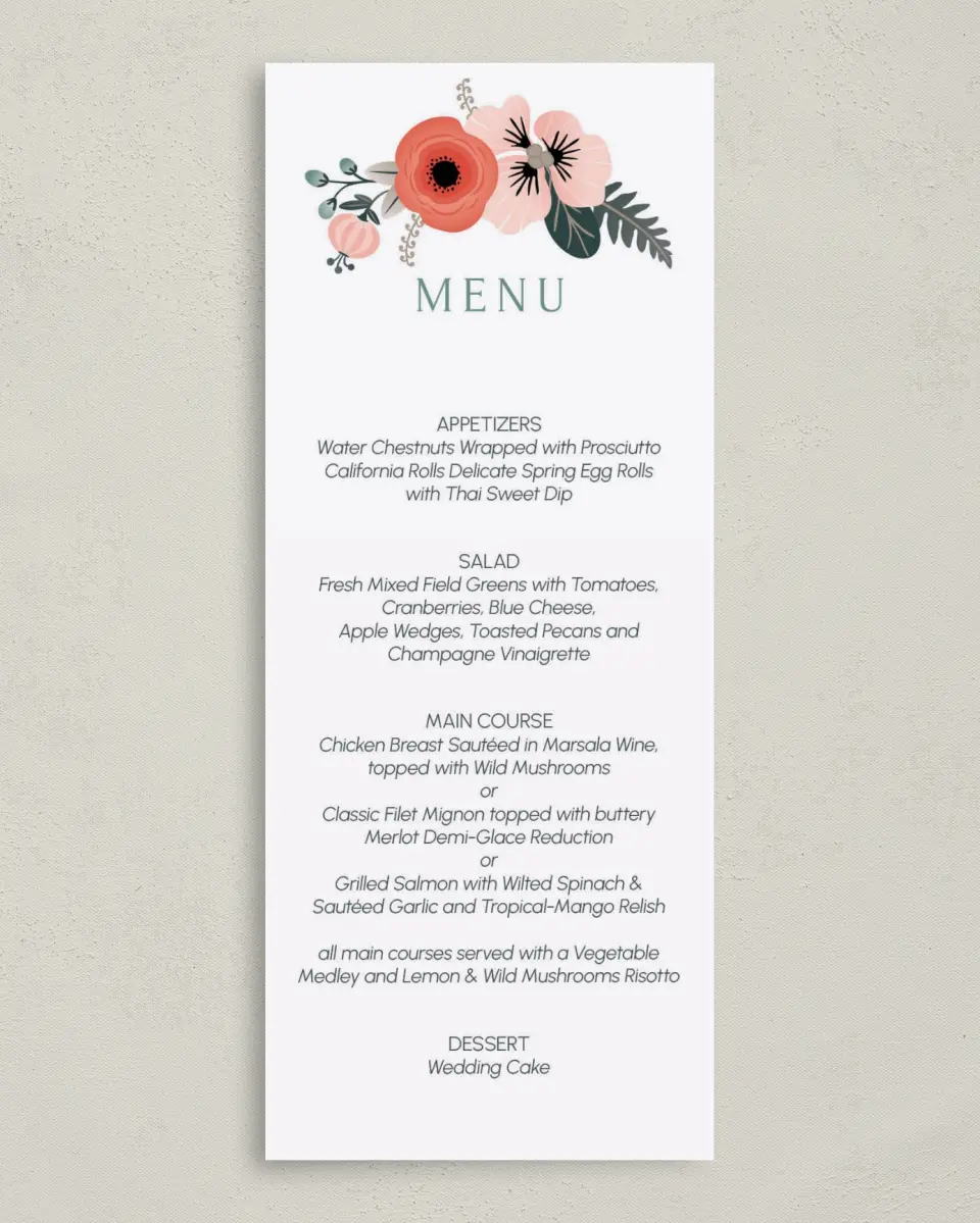 This is a 3⅝" x 8⅞" Wedding Menu Card called Modern Wreath printed in full color on Premium Smooth paper