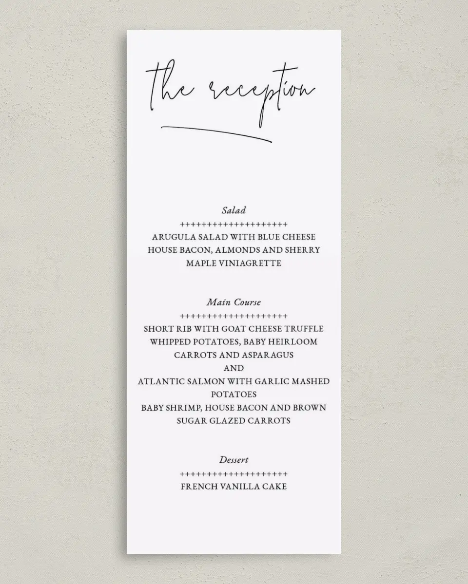 This is a 3⅝" x 8⅞" Wedding Menu Card called Sensibly Simple printed in full color on Premium Smooth paper