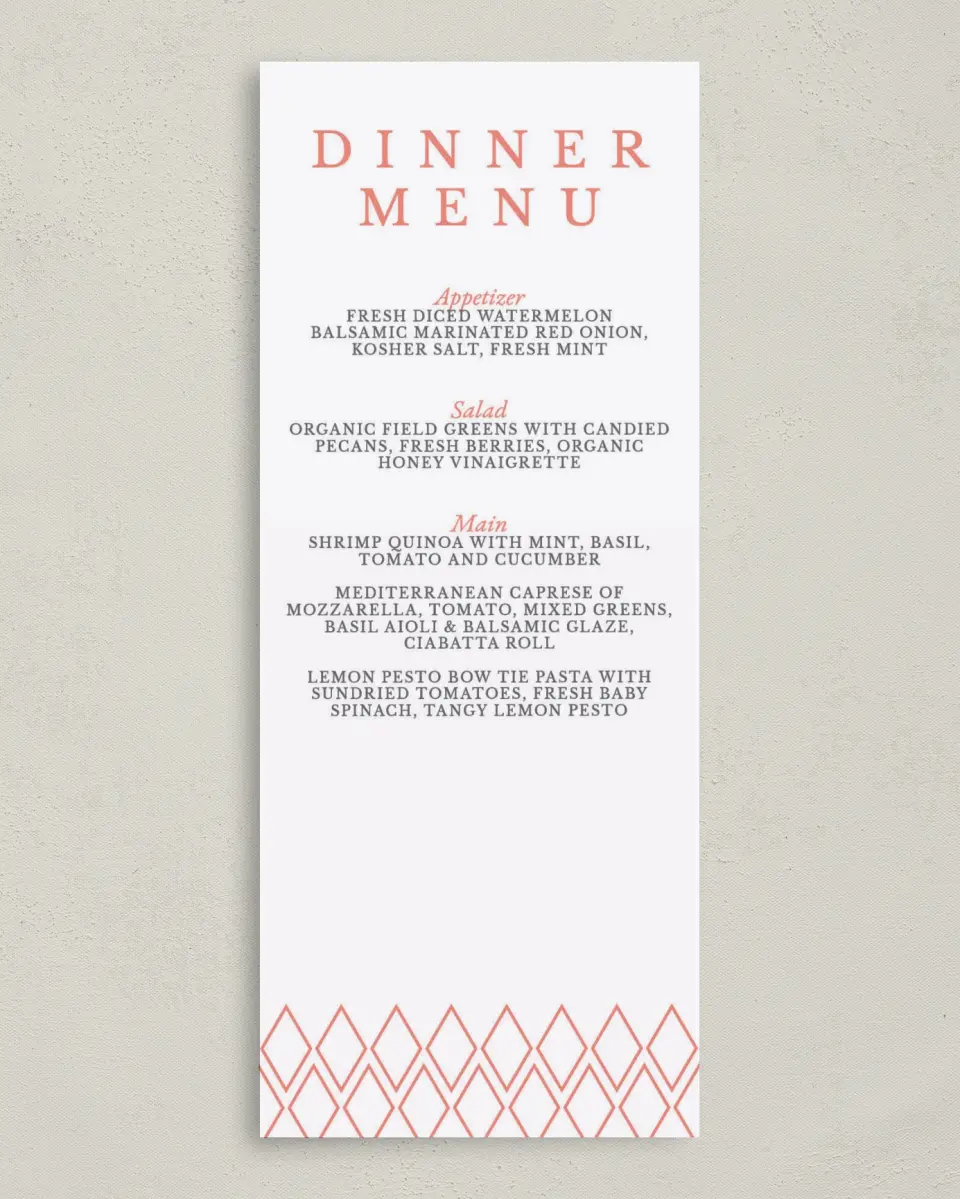 This is a 3⅝" x 8⅞" Wedding Menu Card called Diamond Garden printed in full color on Premium Smooth paper
