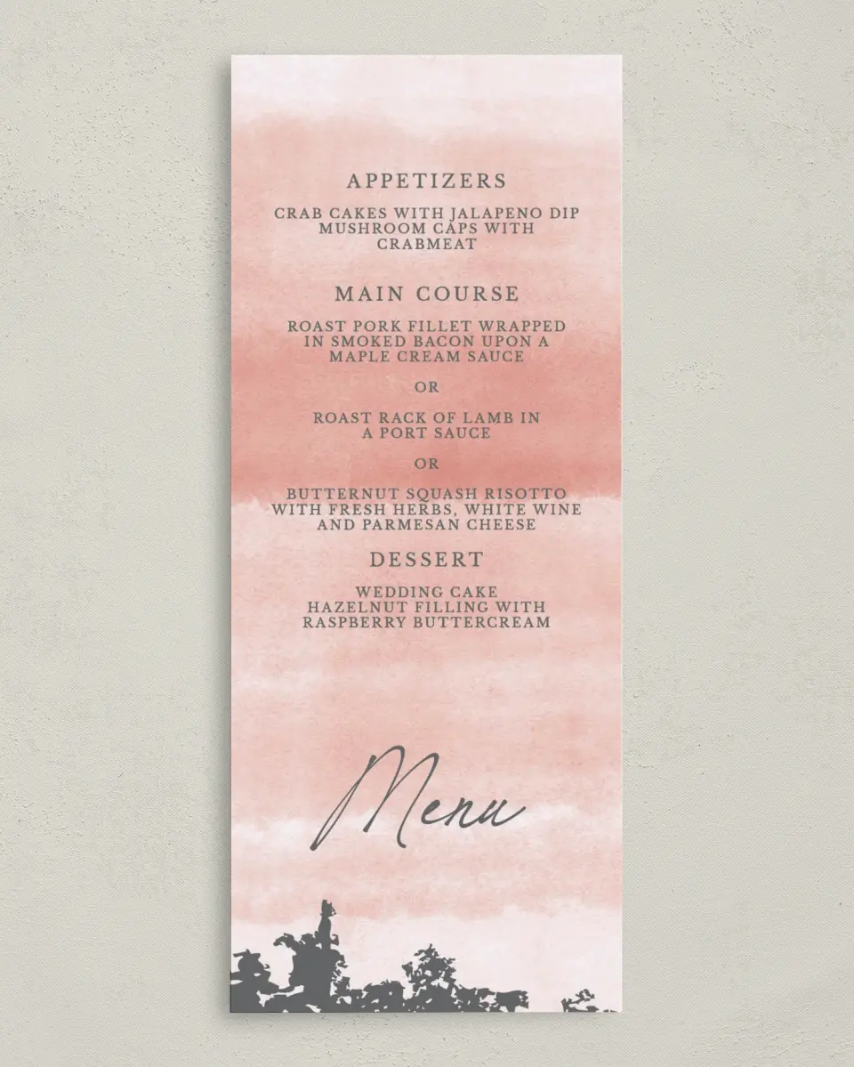 This is a 3⅝" x 8⅞" Wedding Menu Card called Chic Patina printed in full color on Premium Smooth paper