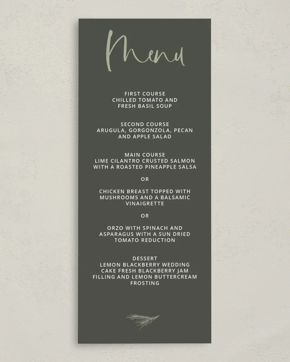 This is a 3⅝" x 8⅞" Wedding Menu Card called Greenery Crown printed in full color on Premium Smooth paper