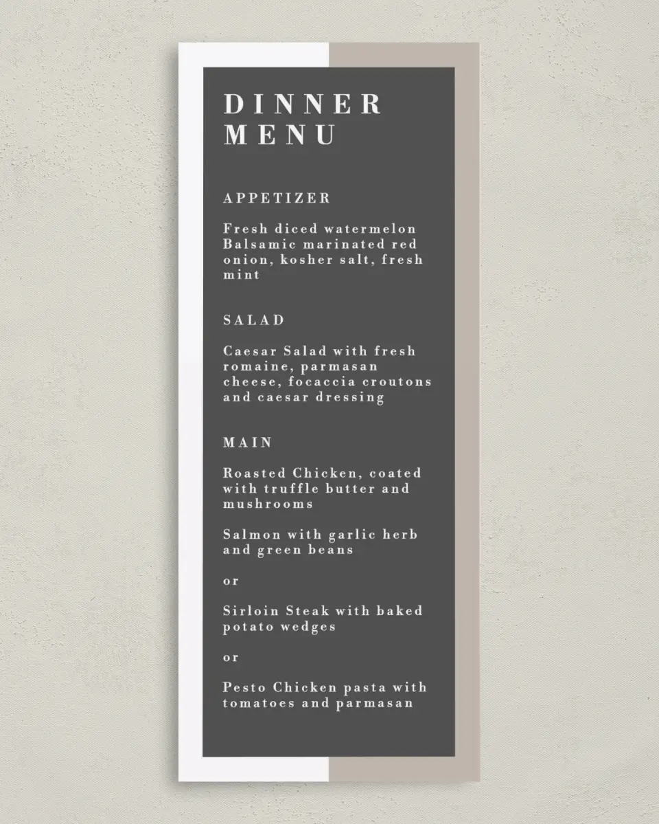 This is a 3⅝" x 8⅞" Wedding Menu Card called Merging Love printed in full color on Premium Smooth paper