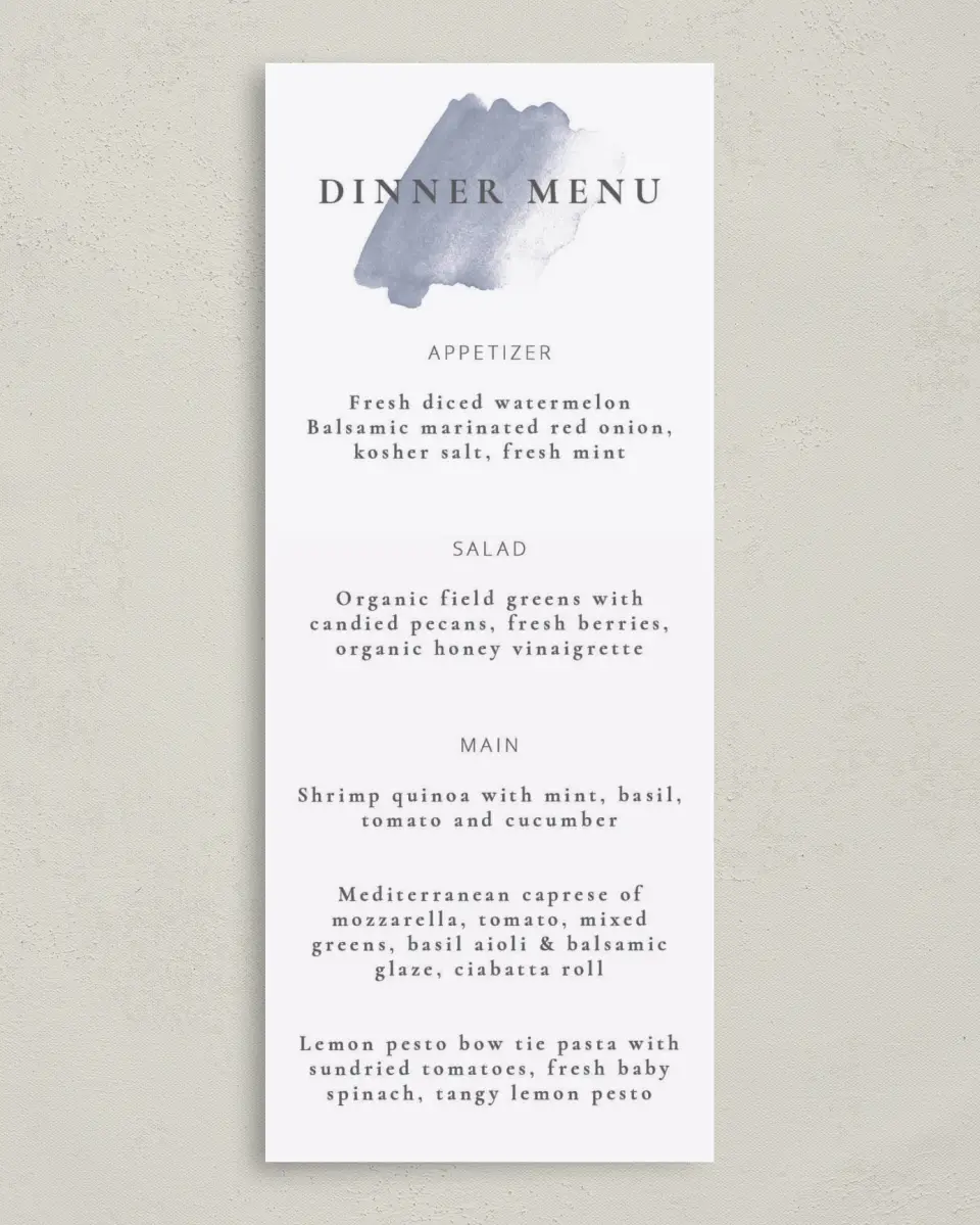 This is a 3⅝" x 8⅞" Wedding Menu Card called Stroke of Luck printed in full color on Premium Smooth paper