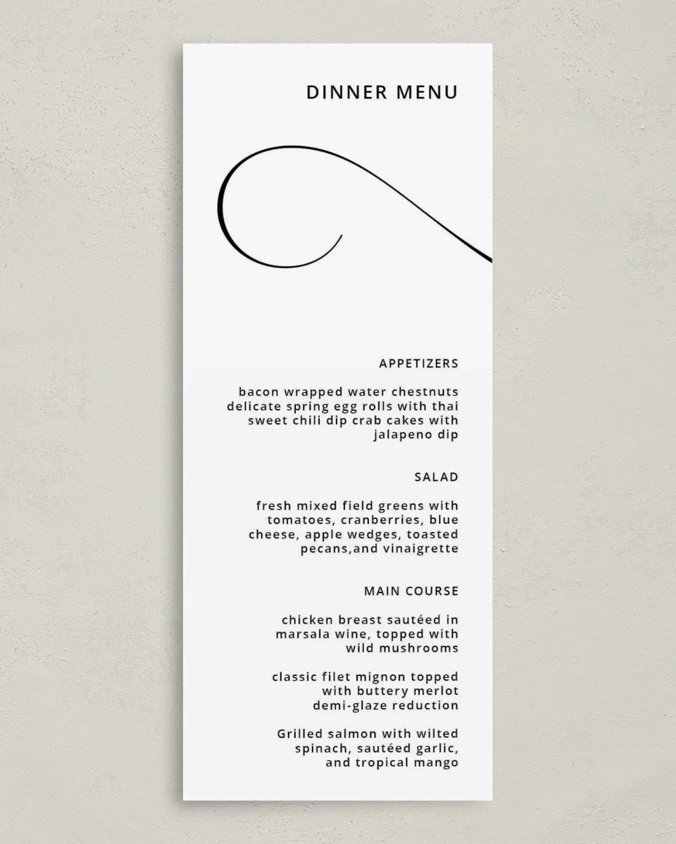 This is a 3⅝" x 8⅞" Wedding Menu Card called Love Infinity printed in full color on Premium Smooth paper