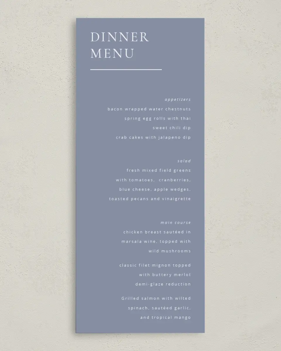 This is a 3⅝" x 8⅞" Wedding Menu Card called Leafy Elegance printed in full color on Premium Smooth paper