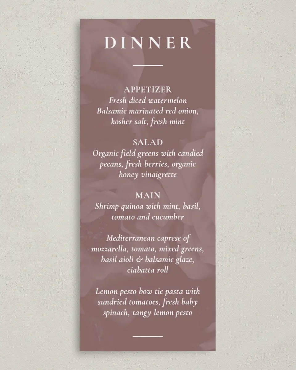 This is a 3⅝" x 8⅞" Wedding Menu Card called Blushing Beauty printed in full color on Premium Smooth paper