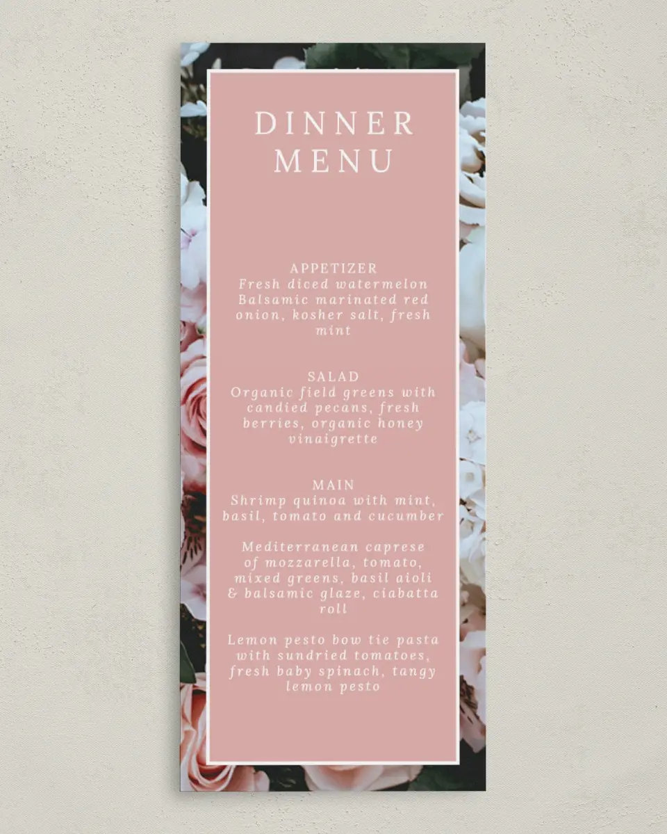 This is a 3⅝" x 8⅞" Wedding Menu Card called Fantasia Garden printed in full color on Premium Smooth paper