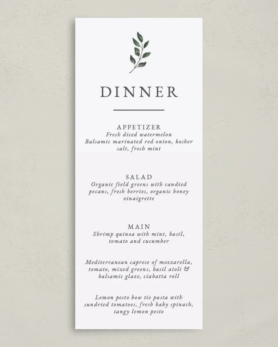 This is a 3⅝" x 8⅞" Wedding Menu Card called Sprinkled Sprig printed in full color on Premium Smooth paper