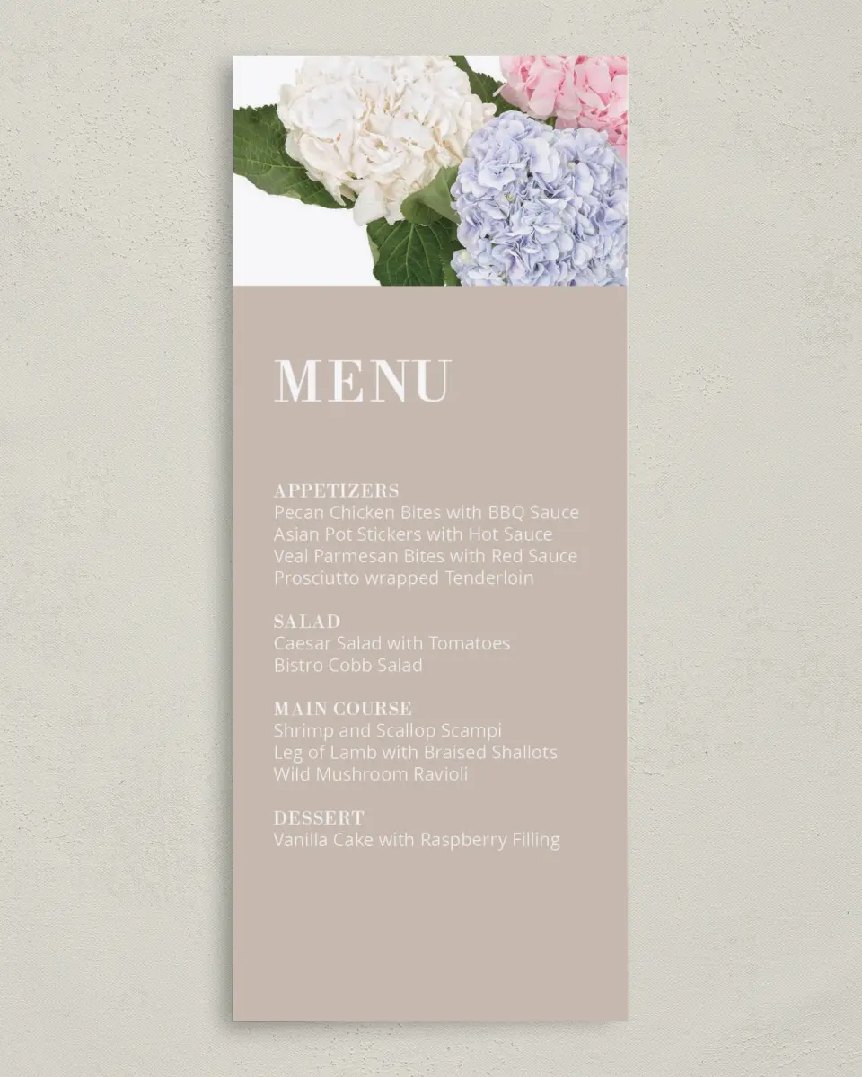 This is a 3⅝" x 8⅞" Wedding Menu Card called Antique Hydrangea printed in full color on Premium Smooth paper