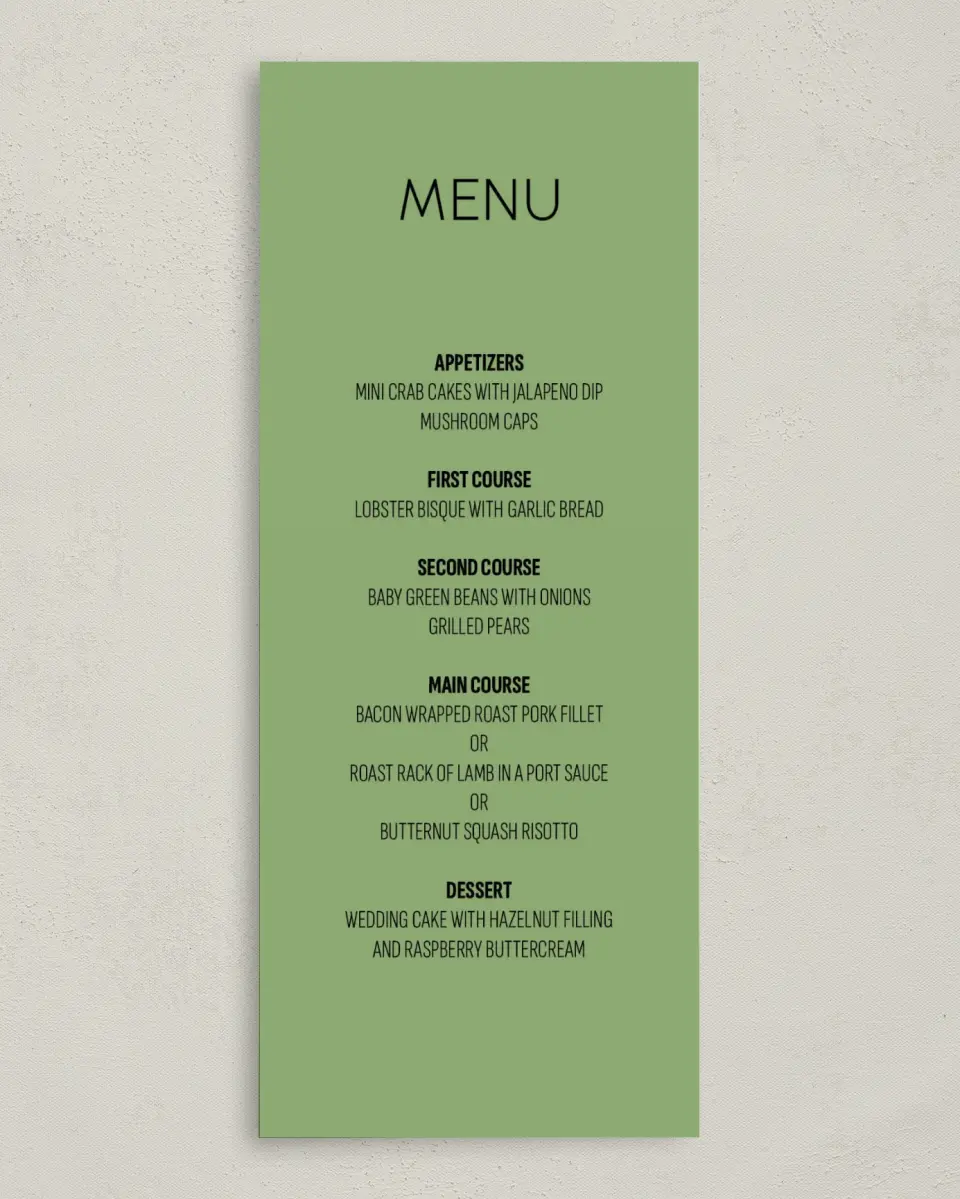This is a 3⅝" x 8⅞" Wedding Menu Card called Sophisticated Succulents printed in full color on Premium Smooth paper