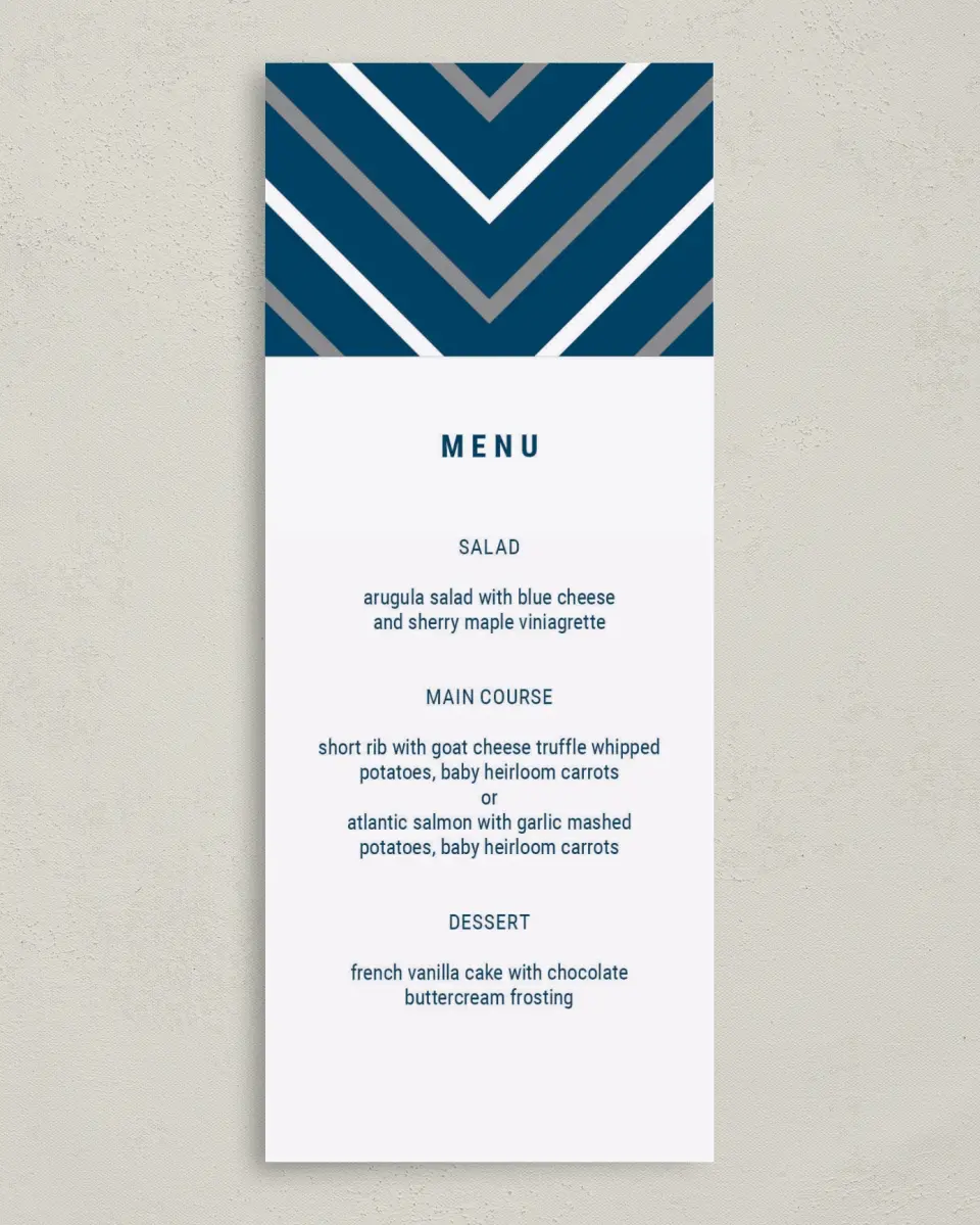 This is a 3⅝" x 8⅞" Wedding Menu Card called Posh Chevron printed in full color on Premium Smooth paper