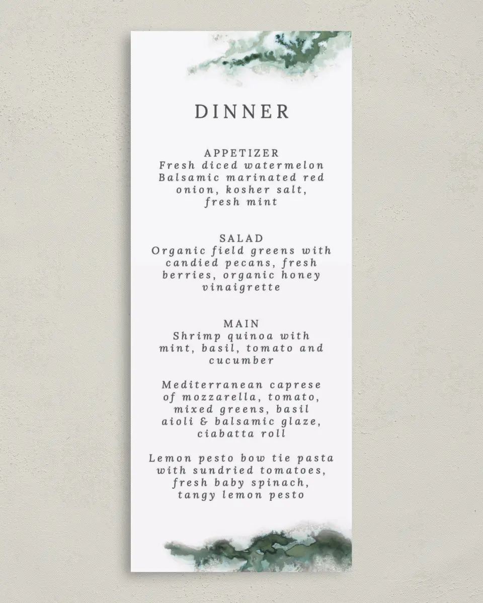 This is a 3⅝" x 8⅞" Wedding Menu Card called Ethereal Pool printed in full color on Premium Smooth paper