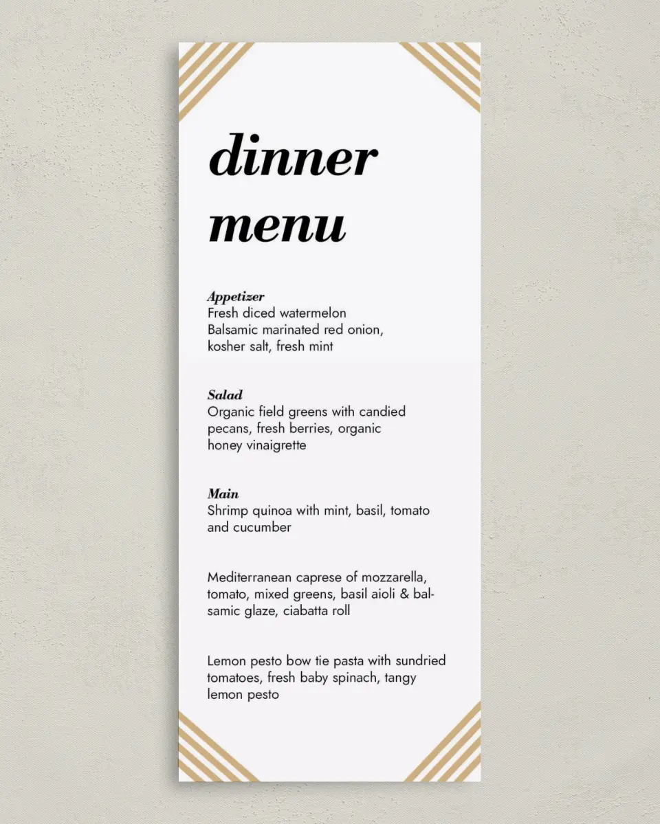 This is a 3⅝" x 8⅞" Wedding Menu Card called Forever Gilded printed in full color on Premium Smooth paper
