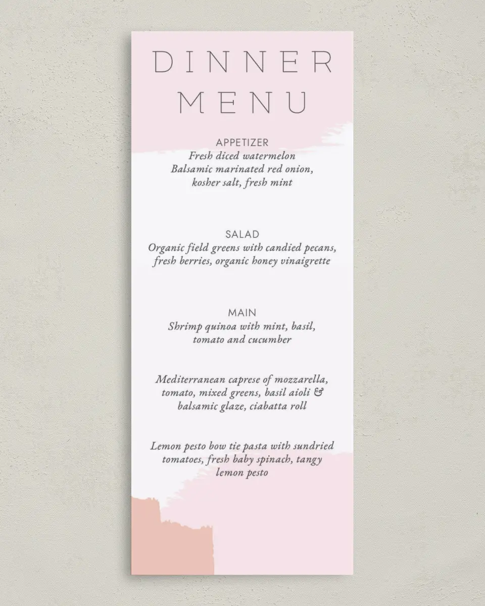 This is a 3⅝" x 8⅞" Wedding Menu Card called Bold Brushstrokes printed in full color on Premium Smooth paper