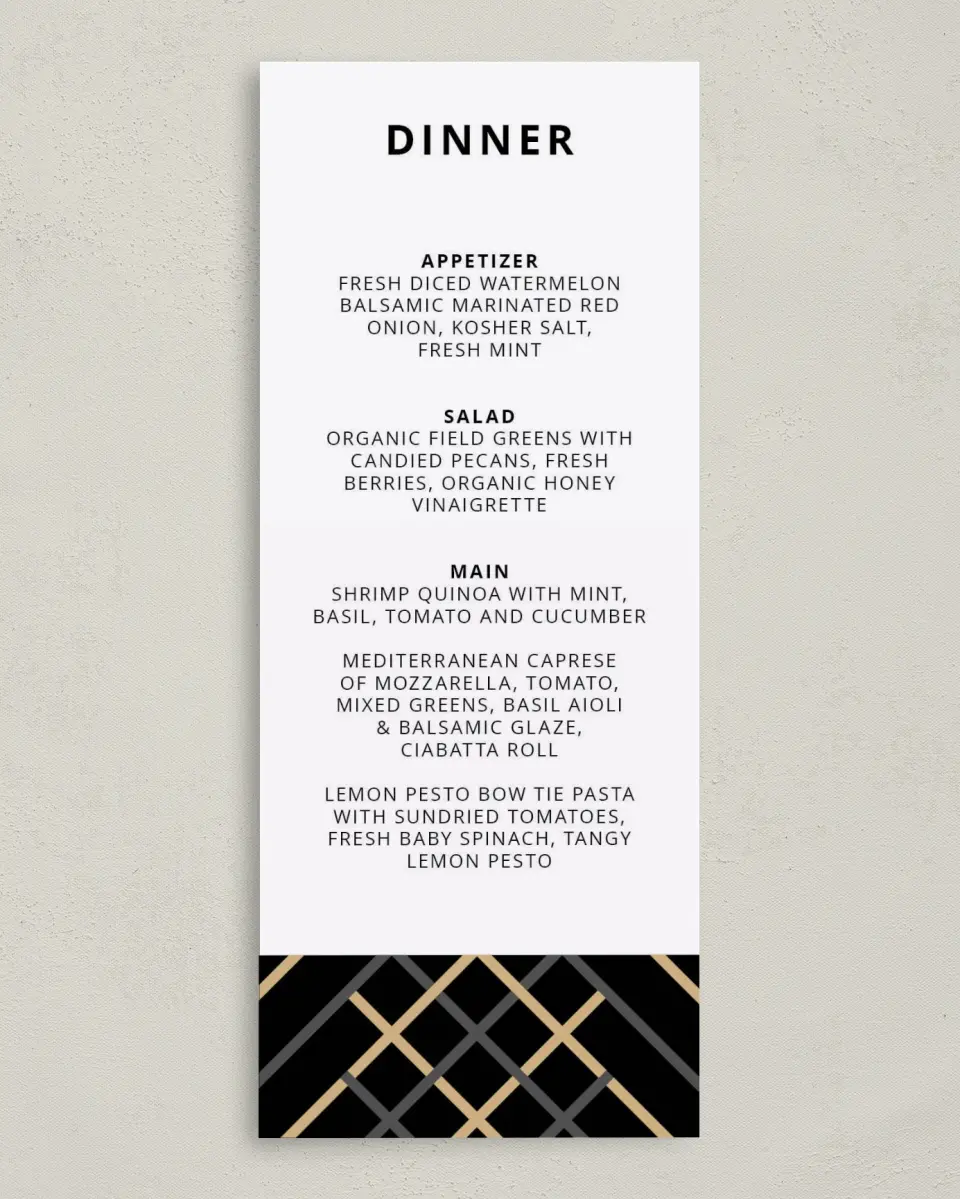 This is a 3⅝" x 8⅞" Wedding Menu Card called Grandeur Shine printed in full color on Premium Smooth paper