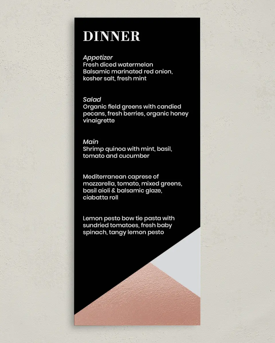 This is a 3⅝" x 8⅞" Wedding Menu Card called Luster Opulence printed in full color on Premium Smooth paper