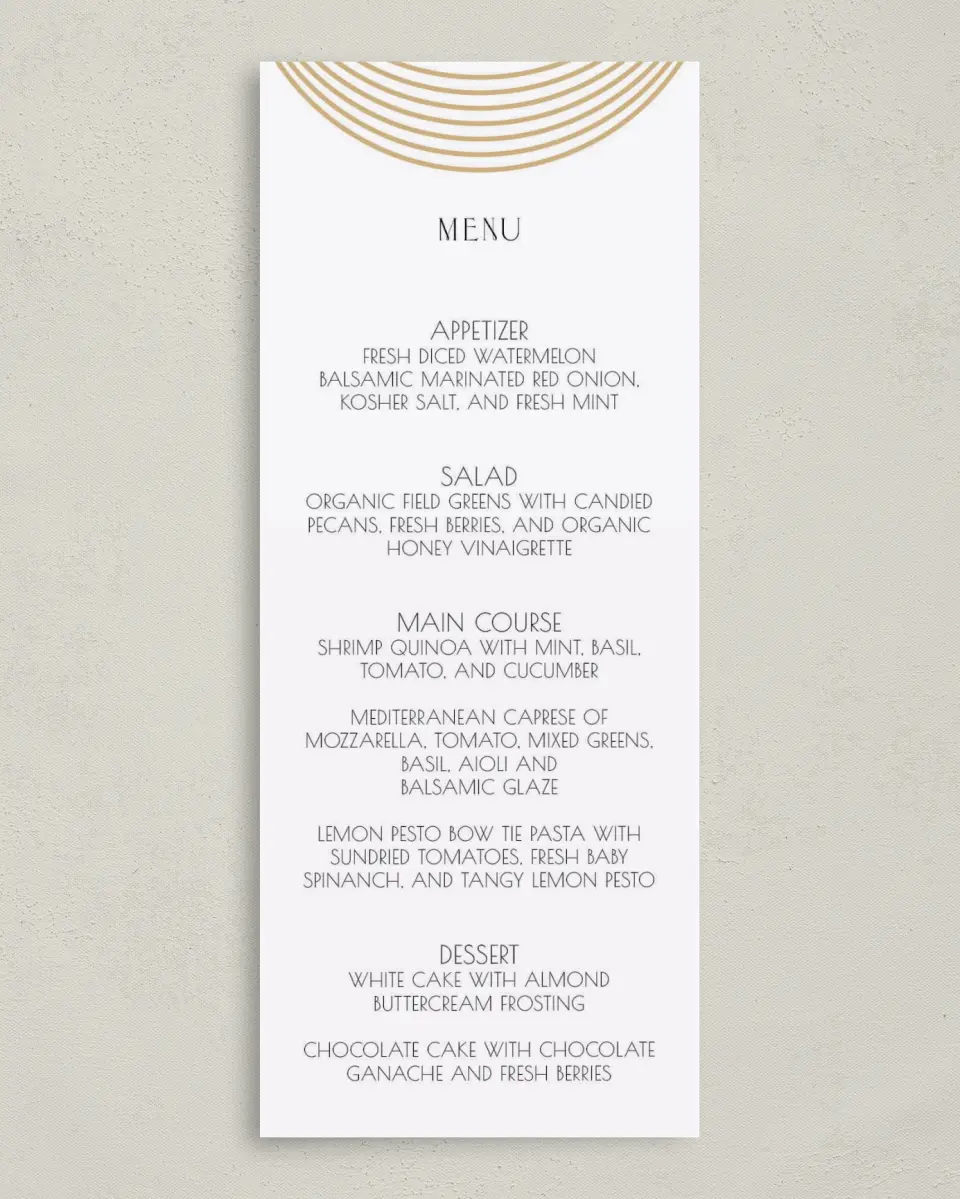 This is a 3⅝" x 8⅞" Wedding Menu Card called Spectacular Romance printed in full color on Premium Smooth paper