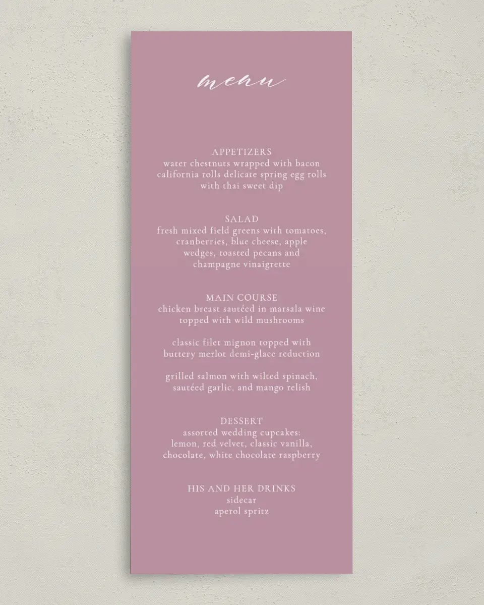 This is a 3⅝" x 8⅞" Wedding Menu Card called Antique Splendor printed in full color on Premium Smooth paper