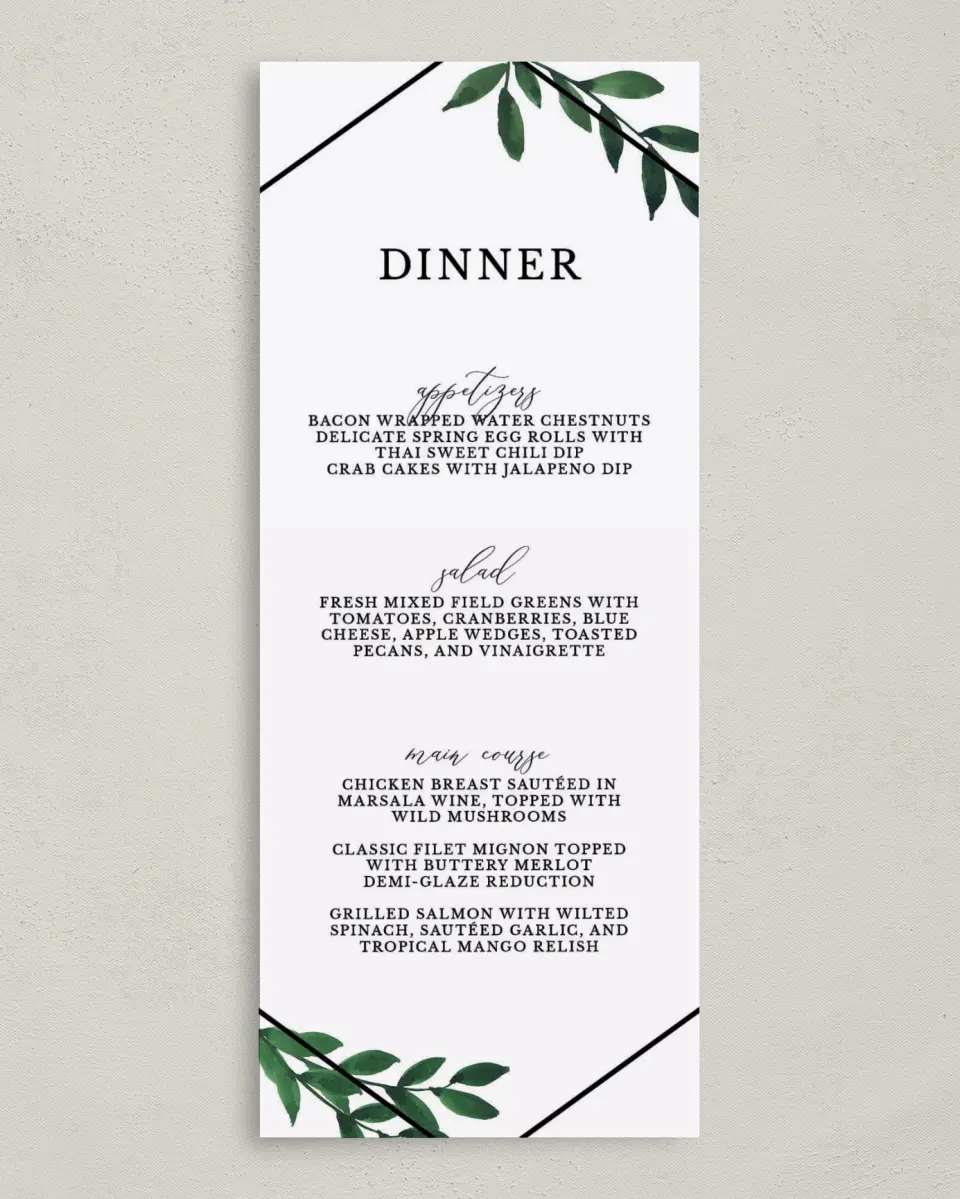 This is a 3⅝" x 8⅞" Wedding Menu Card called Wispy Greenery printed in full color on Premium Smooth paper