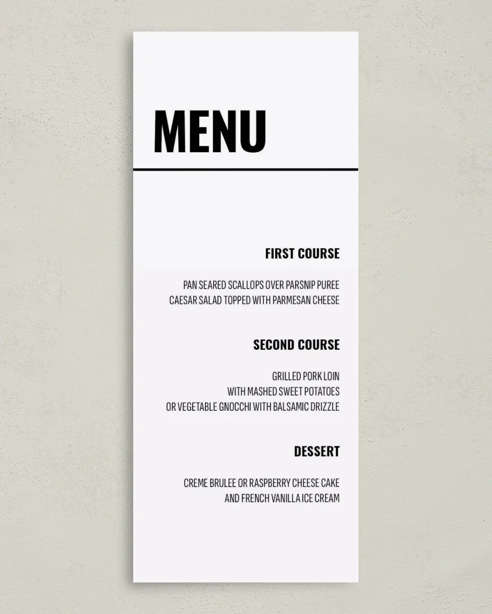 This is a 3⅝" x 8⅞" Wedding Menu Card called Stunning Symmetry printed in full color on Premium Smooth paper