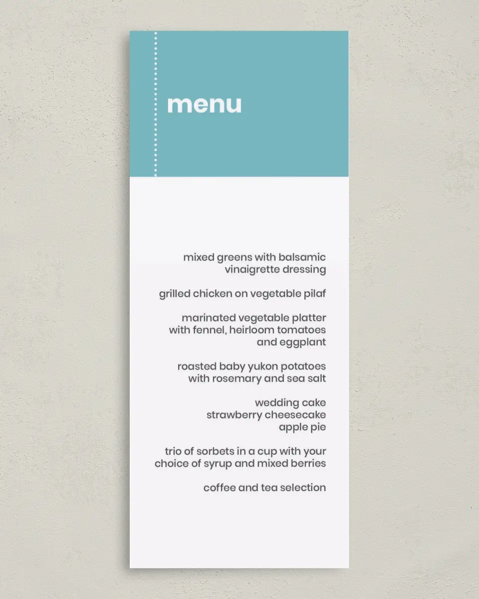 This is a 3⅝" x 8⅞" Wedding Menu Card called Mod Blocks printed in full color on Premium Smooth paper