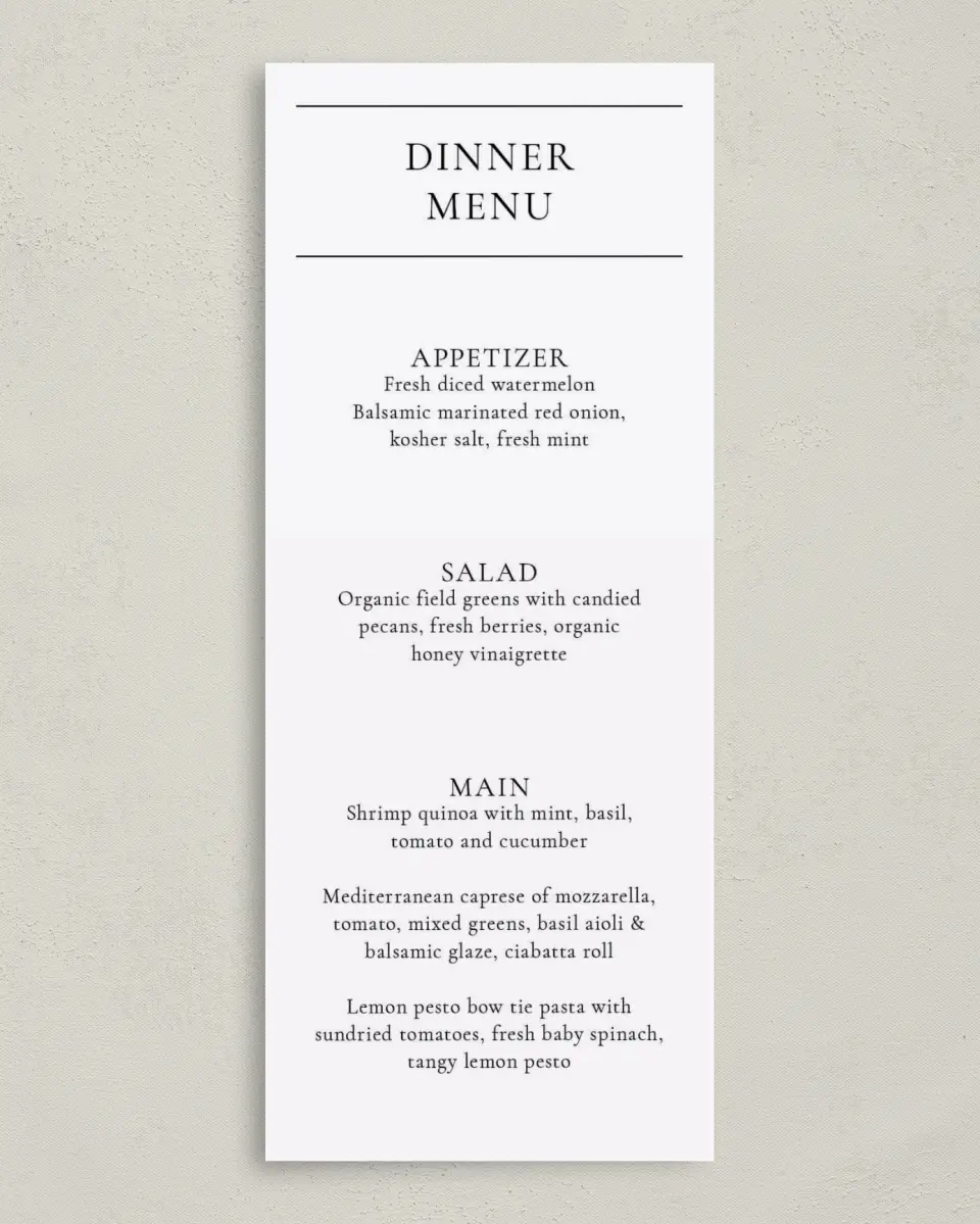This is a 3⅝" x 8⅞" Wedding Menu Card called Lovely Blush printed in full color on Premium Smooth paper