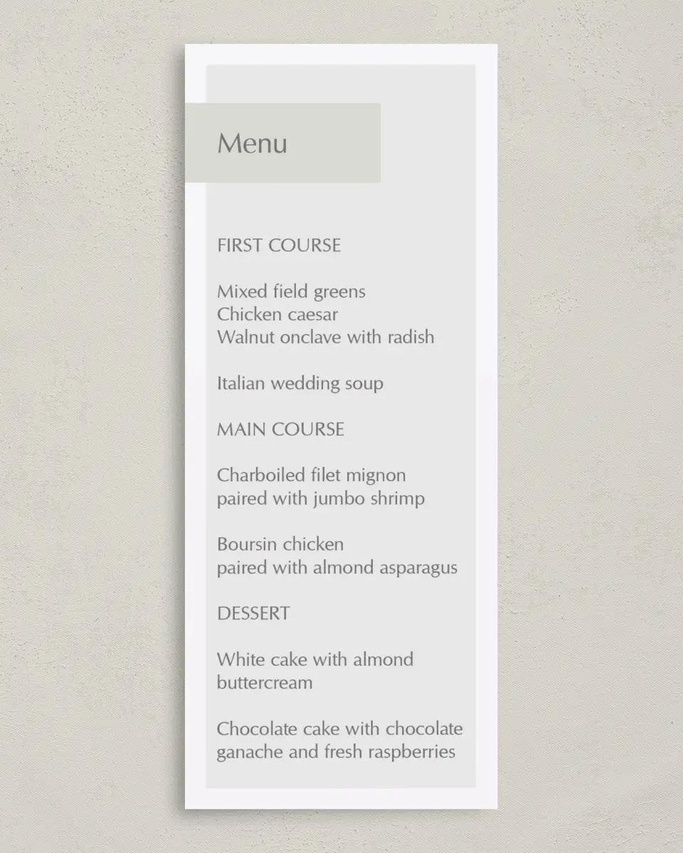 This is a 3⅝" x 8⅞" Wedding Menu Card called Exquisitely Simple printed in full color on Premium Smooth paper