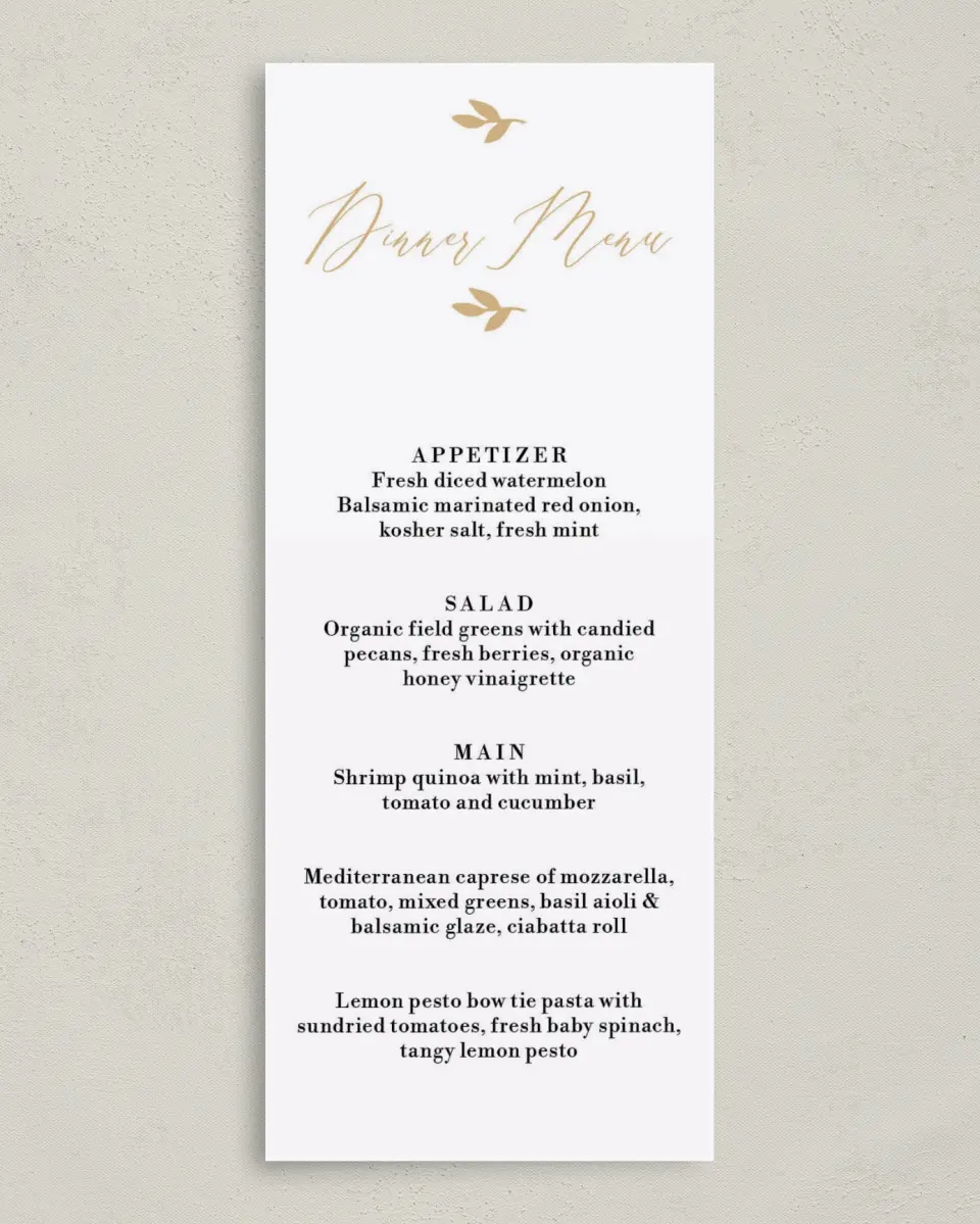 This is a 3⅝" x 8⅞" Wedding Menu Card called Charming Monogram printed in full color on Premium Smooth paper