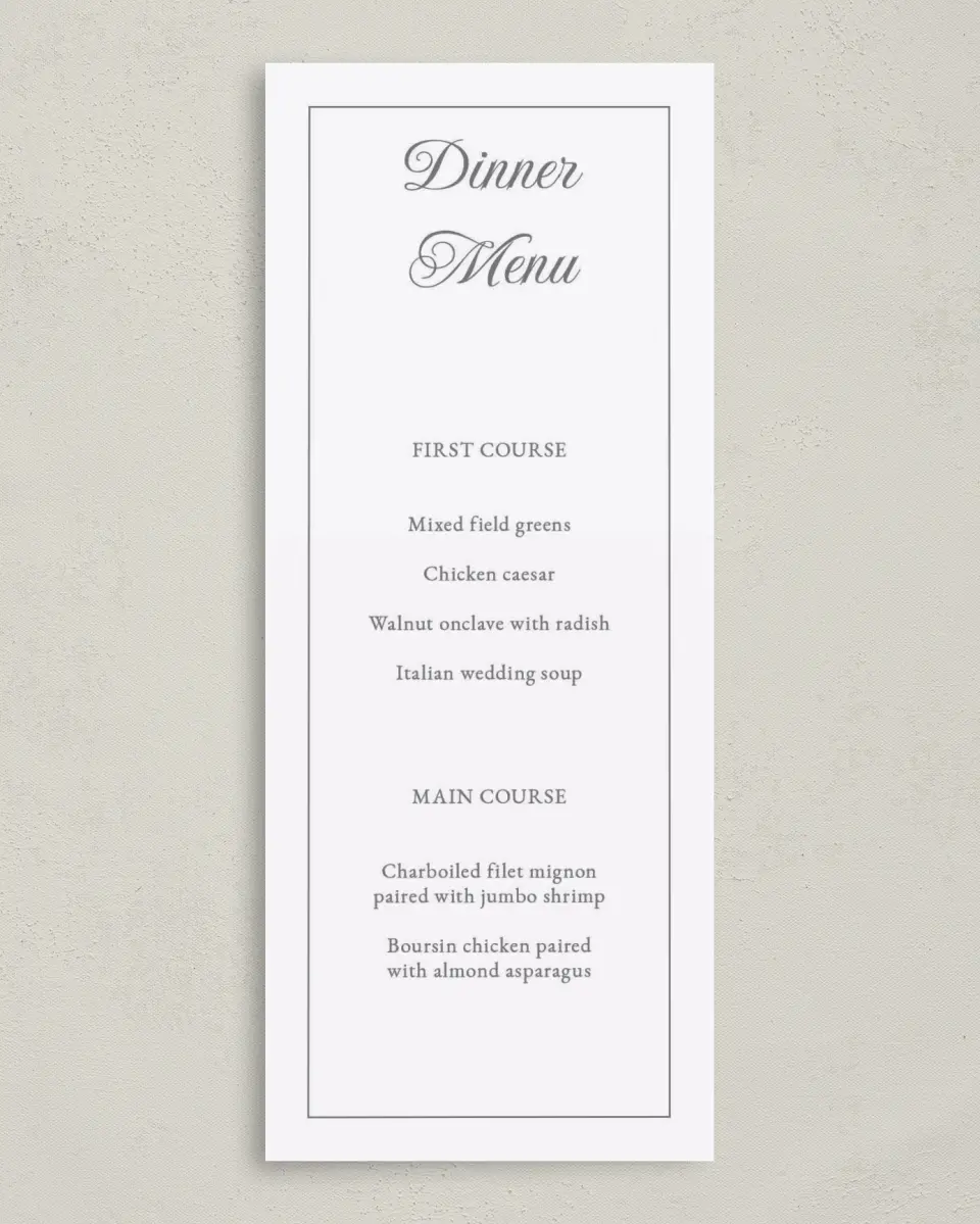 This is a 3⅝" x 8⅞" Wedding Menu Card called Classic Devotion printed in full color on Premium Smooth paper