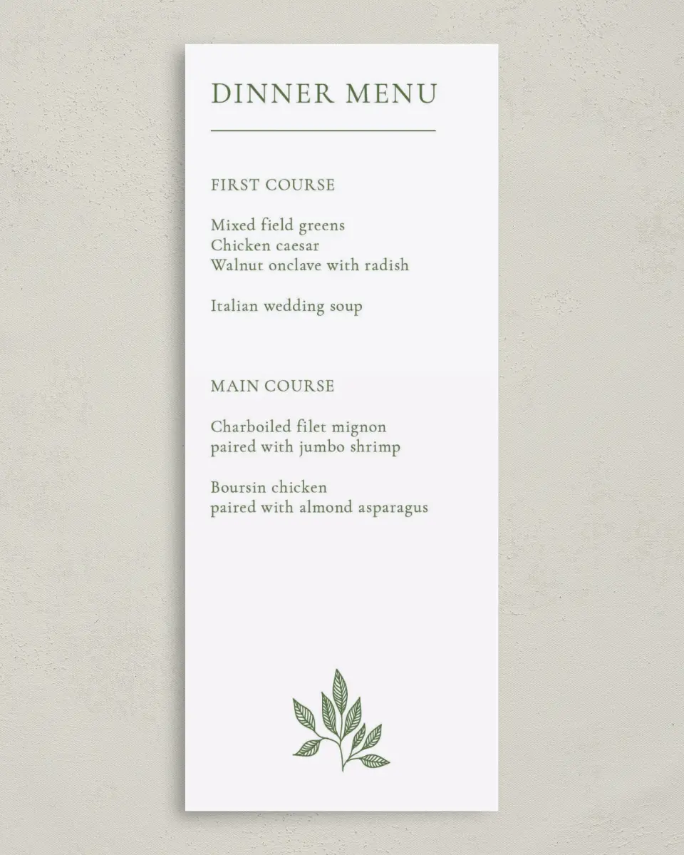 This is a 3⅝" x 8⅞" Wedding Menu Card called Rustic Grace printed in full color on Premium Smooth paper
