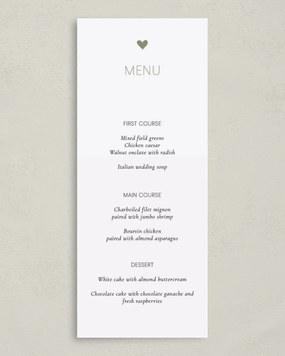 This is a 3⅝" x 8⅞" Wedding Menu Card called Heavenly Hearts printed in full color on Premium Smooth paper