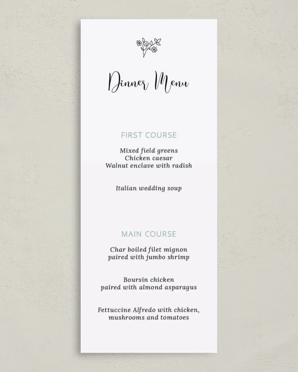 This is a 3⅝" x 8⅞" Wedding Menu Card called Cool Blooms printed in full color on Premium Smooth paper